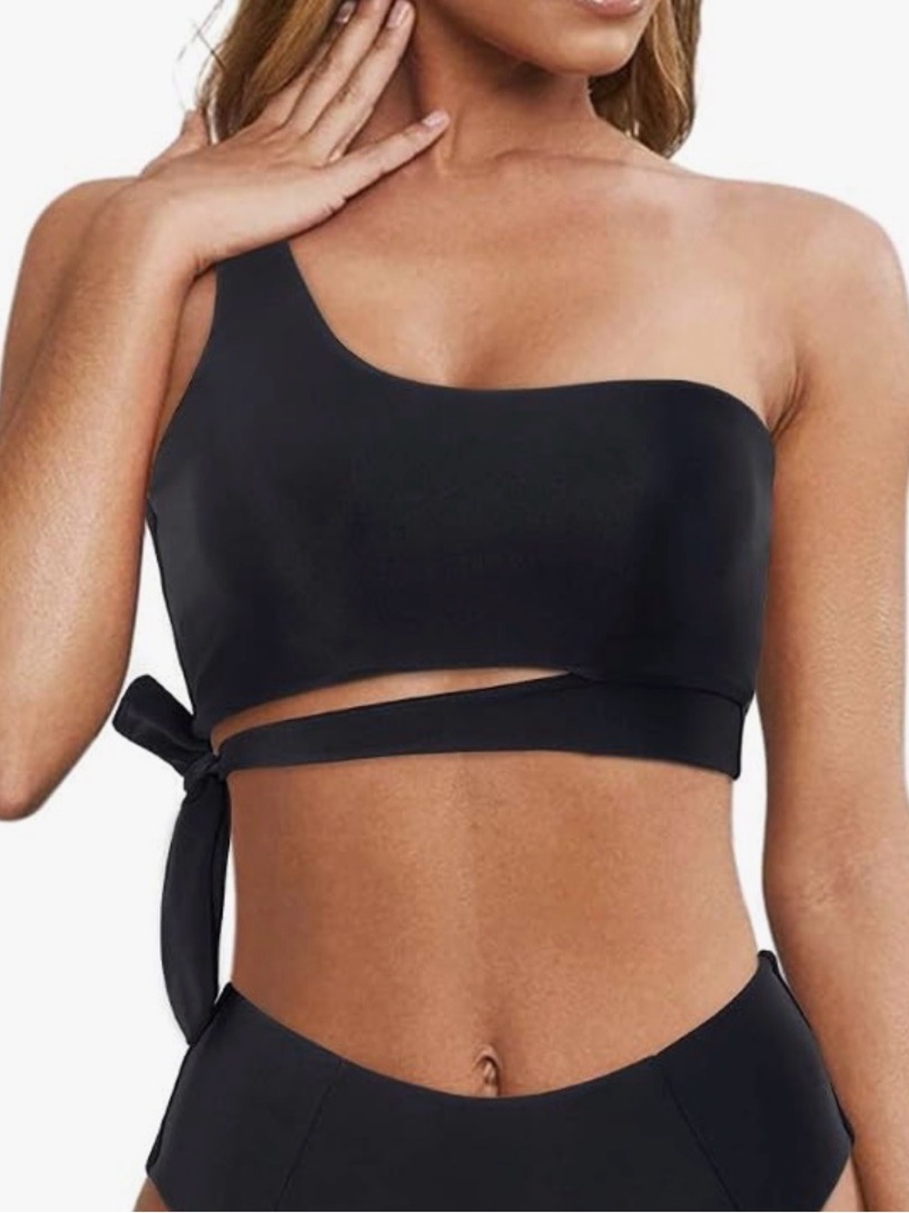 One-Shoulder Black Crop Bikini Top with Wrap Tie